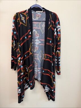 Liberty Love Black Aztec Open-Front Cardigan with Rust & Teal Accents